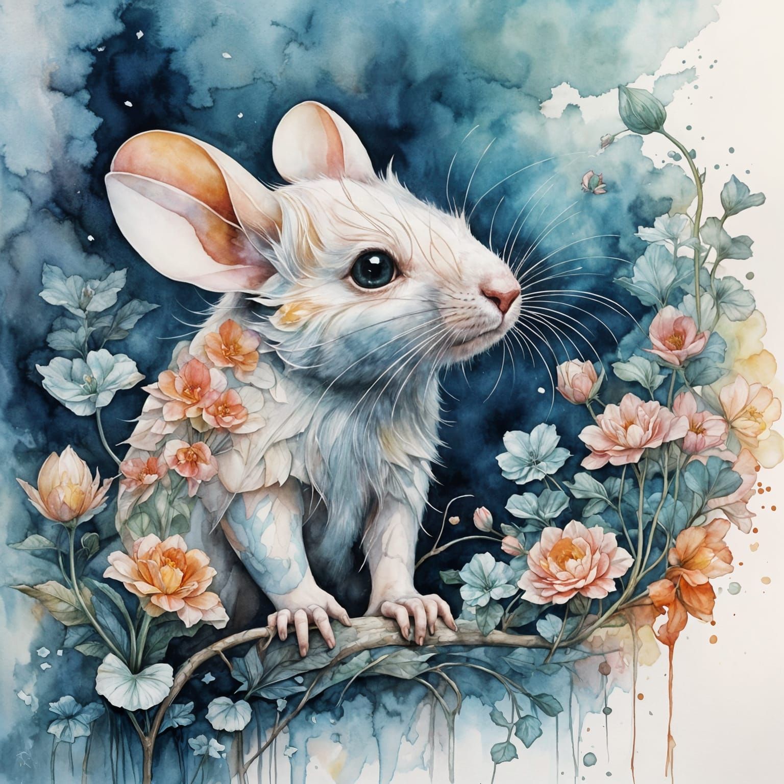 Whimsical Watercolor Flowers with a Delicate Mouse