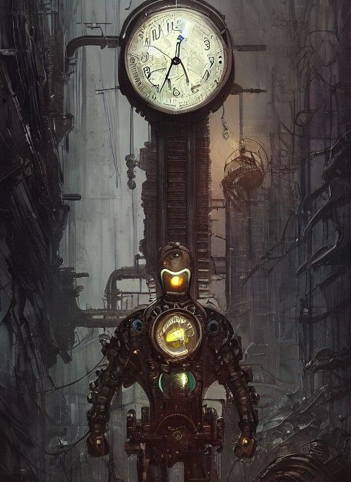 Steampunk Cybernetic Clock-Man in Post-Apocalyptic World