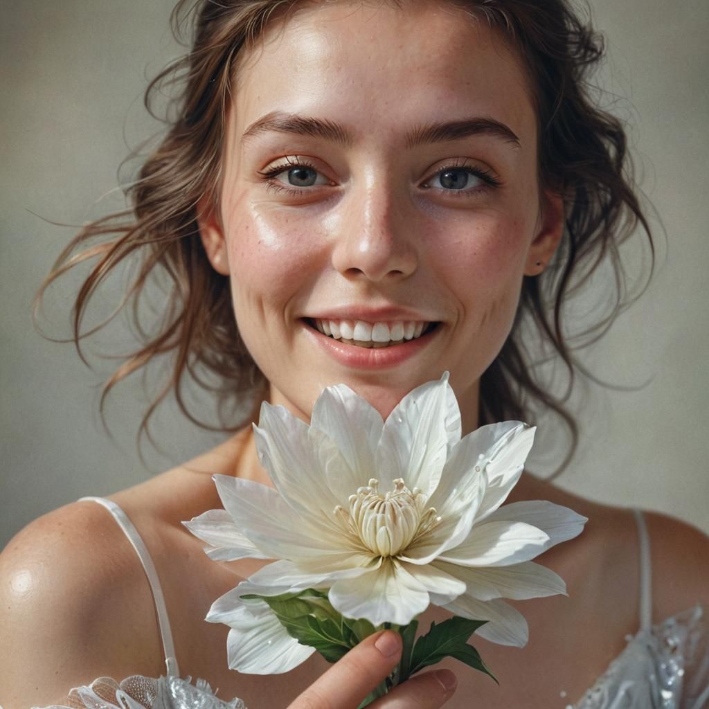 Happy Woman with Iridescent Flower: Photorealistic Oil Paint...