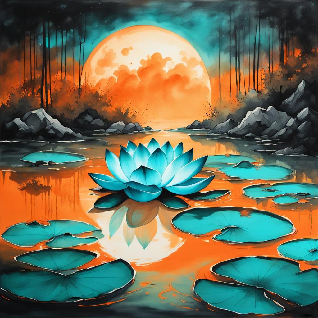 Glowing Turquoise Lotus in Ink Wash Painting