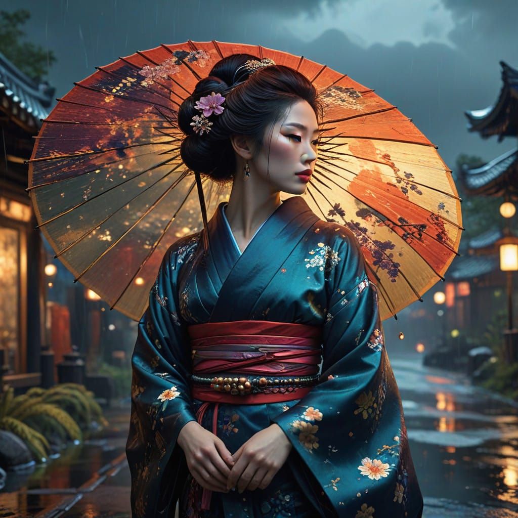 Traditional Fantasy Geisha Basks in Cinematic Stormlight