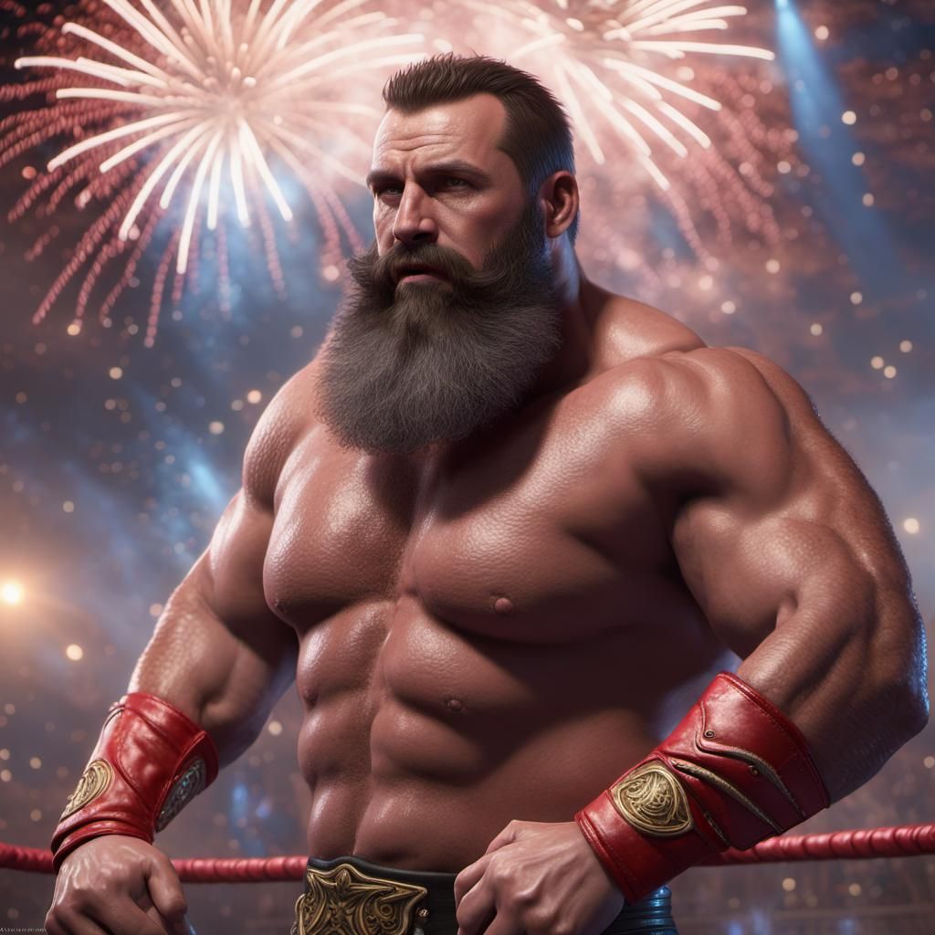 Tough Bearded Wrestler in a Hyperrealistic Fireworks Display