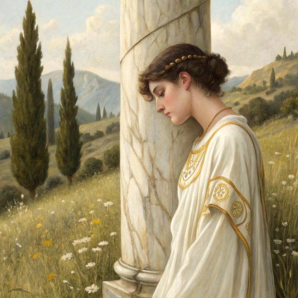Surreal Ancient Roman Goddess Leans Against Marble Column