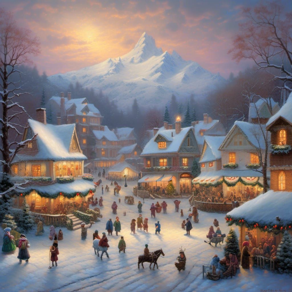 Christmas Village Scene Inspired by Thomas Kinkade