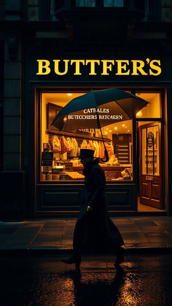 Warm Golden Light Spills from a Dimly Lit Butcher's Shop Win...