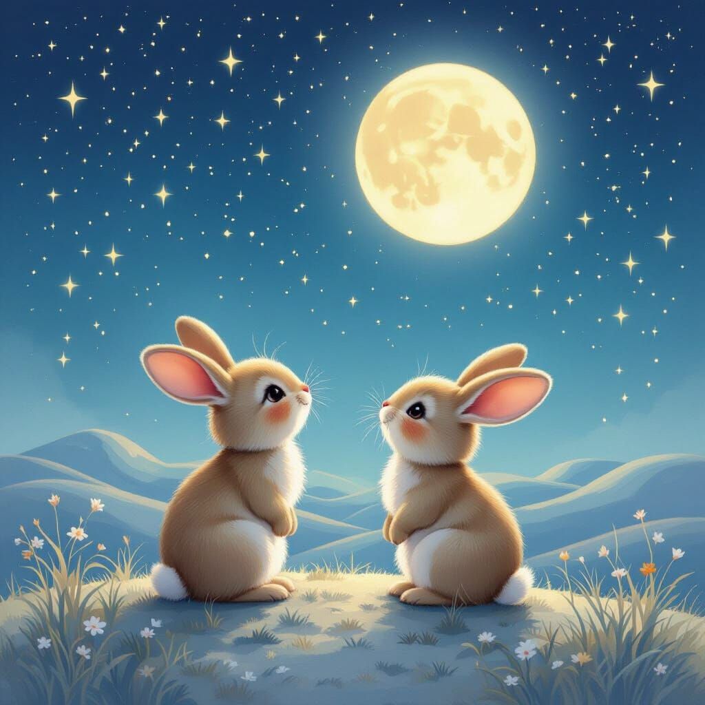 Bunnies Gaze at Starry Moonscape in Folk Art Style