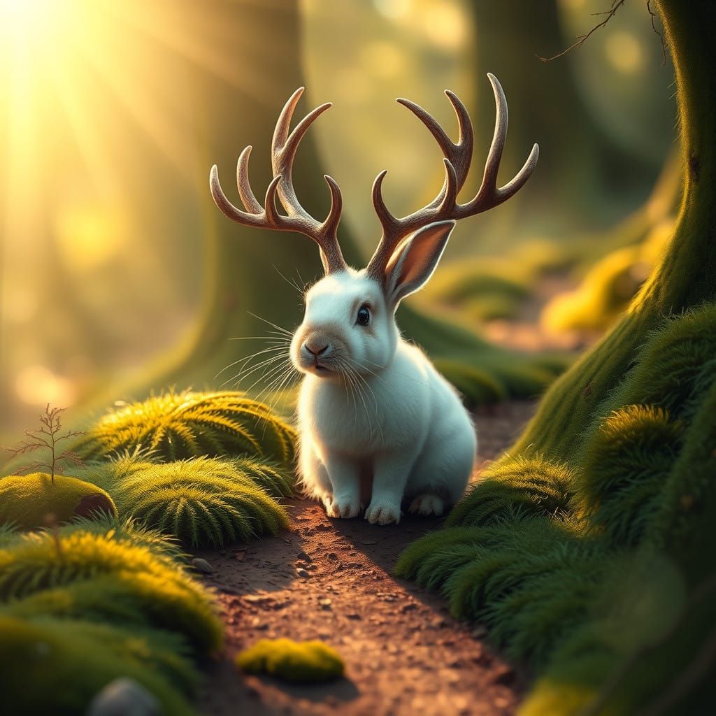 Surreal Forest Creature in Majestic Antlers Basks in Golden....