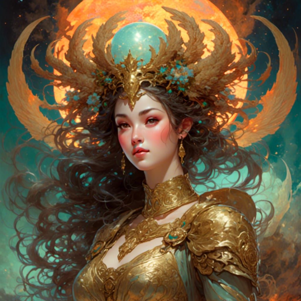 Aries Goddess in Cosmic Arena, Watercolor Art