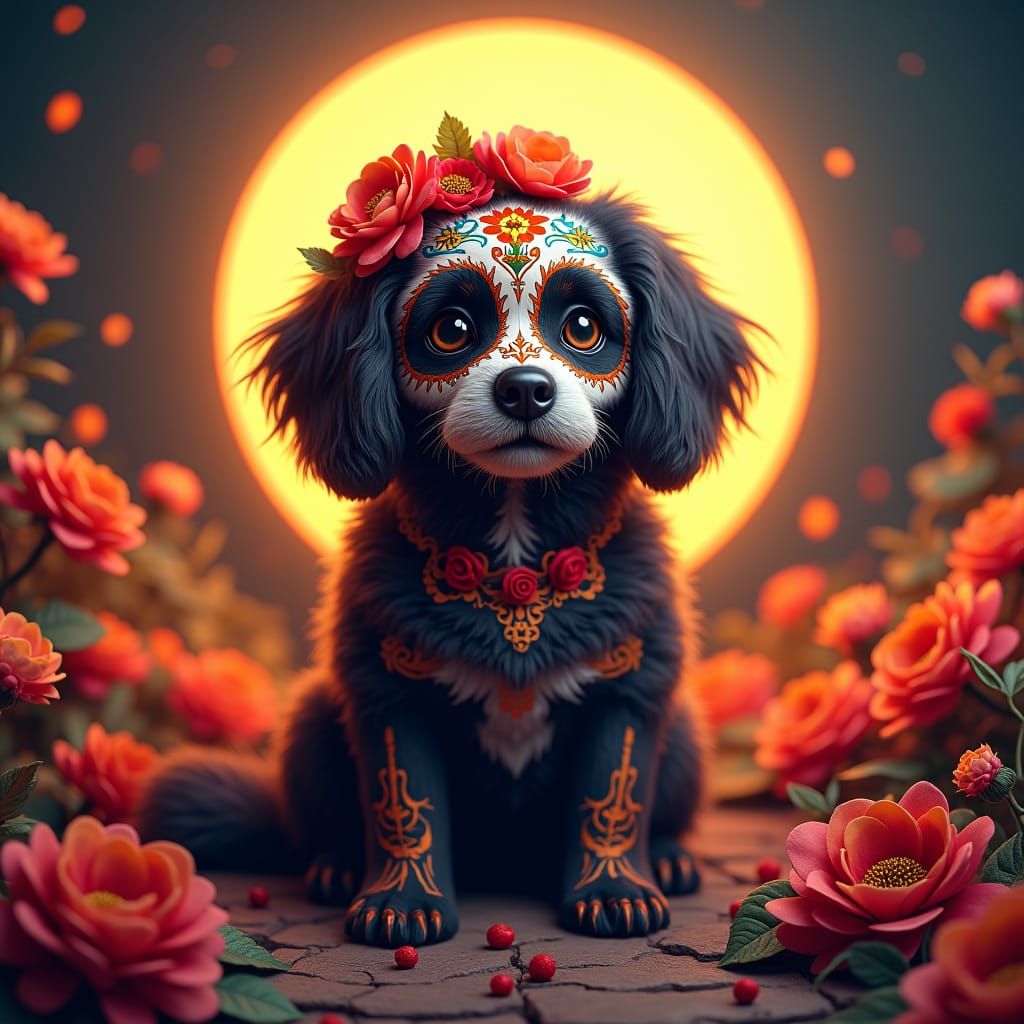 Havanese Dog with Día de los Muertos Face Paint