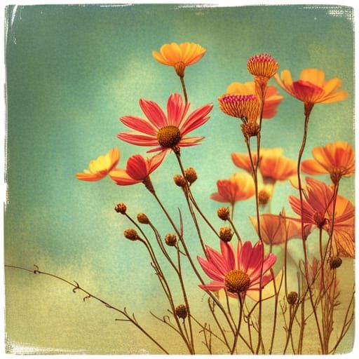 Vintage Wildflower Line Drawing in Distressed Style