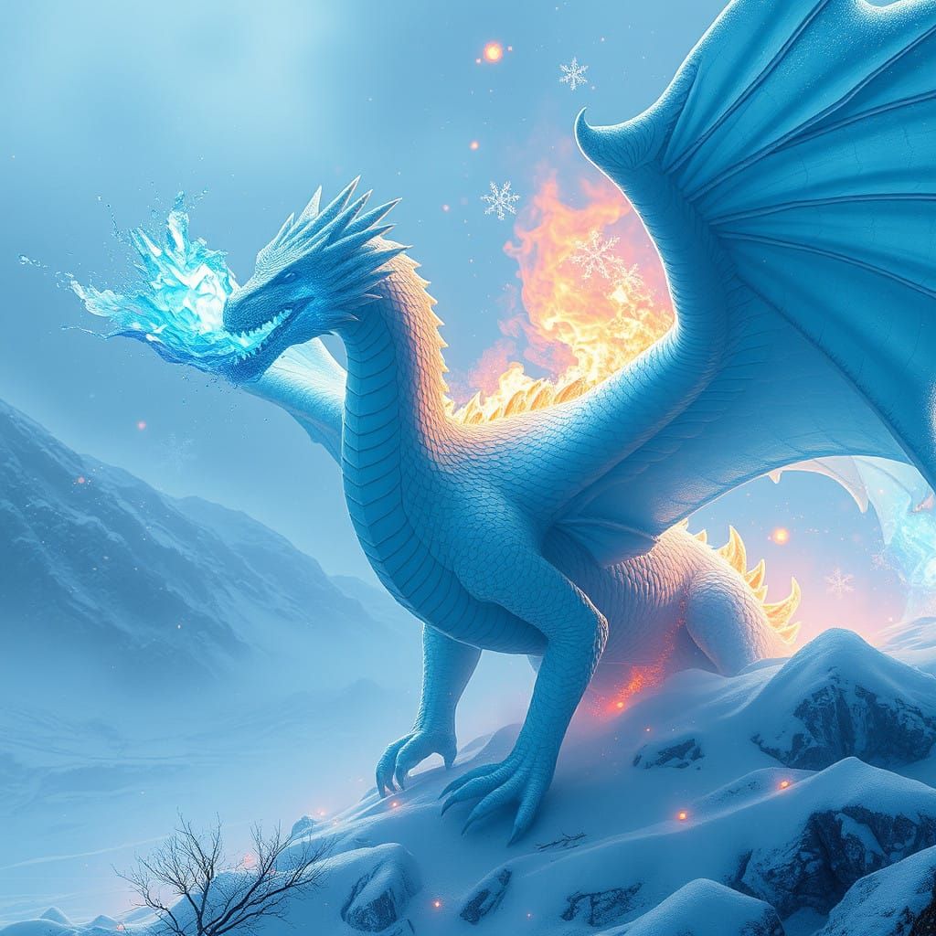 Winter White Dragon Blows Blue Flames in Frosty Landscape