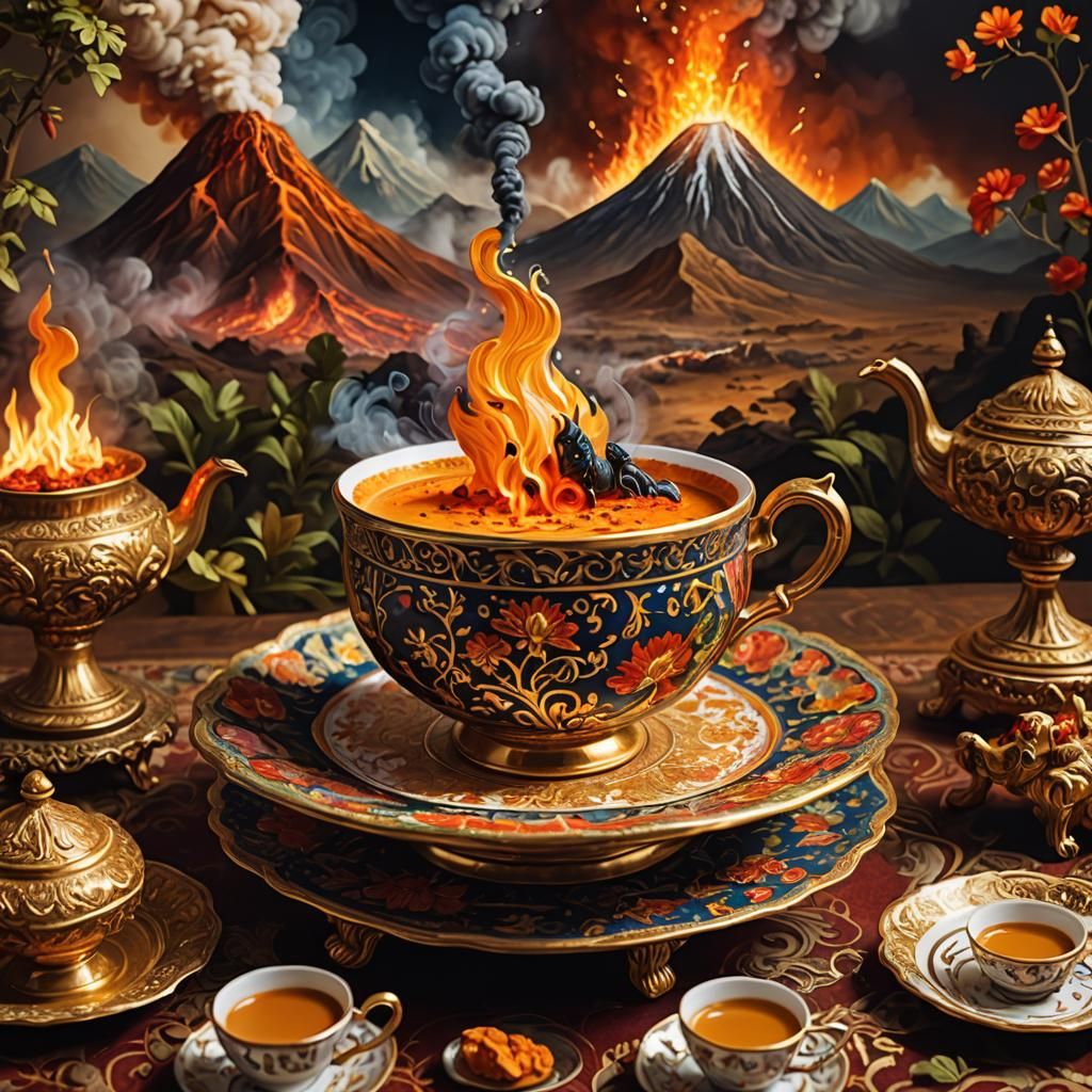 Volcano Eruption in Ornate Teacup, Indian Art Style