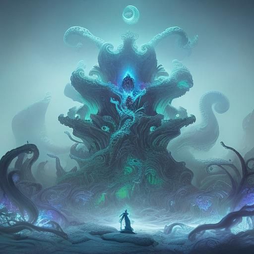 Mystical White Witch and Octopus in Surreal Chamber