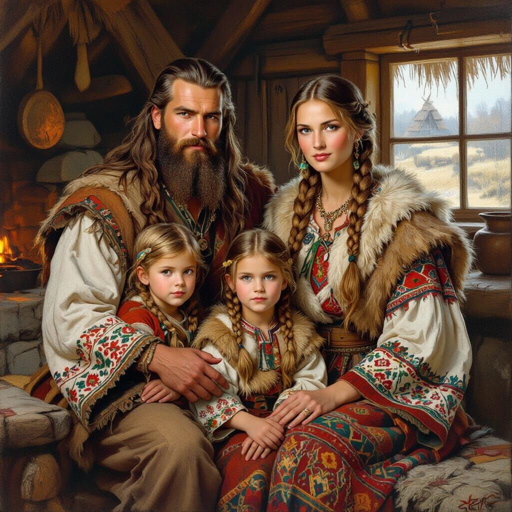 Slavic Family Portrait in Realist Style