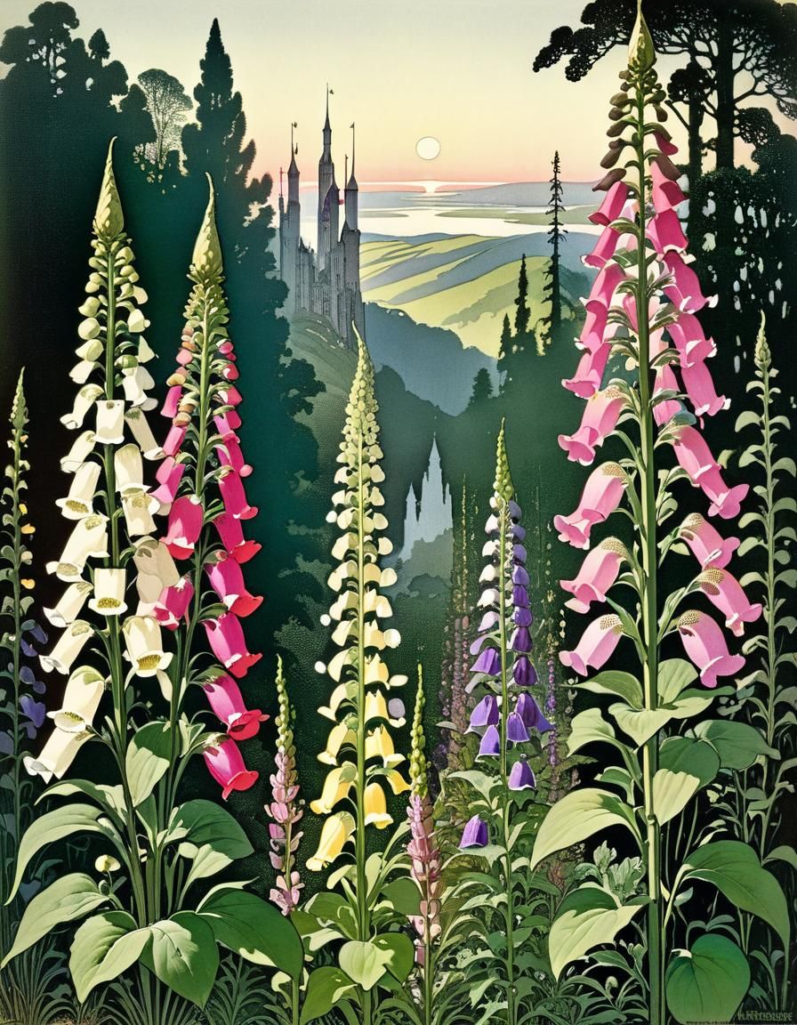 Whimsical Foxglove Blooms in Vintage Watercolor Style