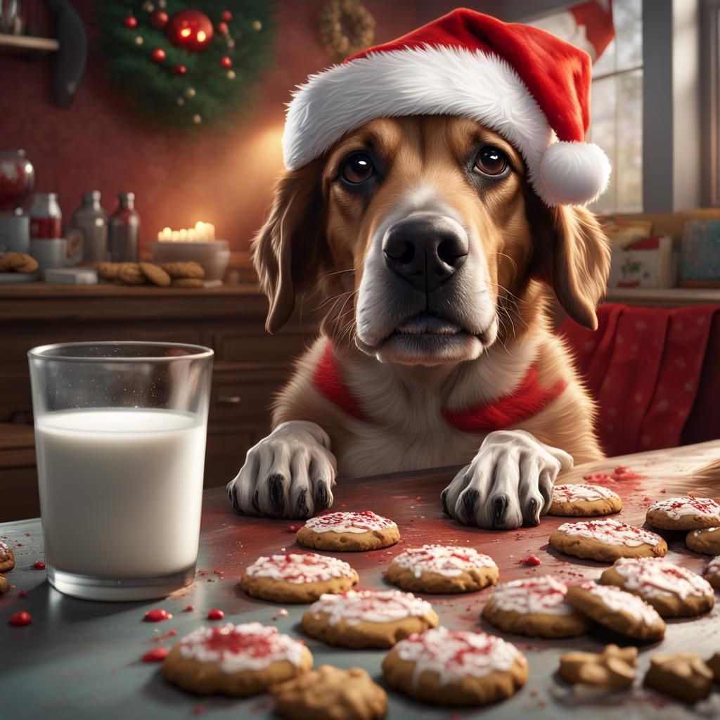 Dog in Santa Hat Sniffing Cookies