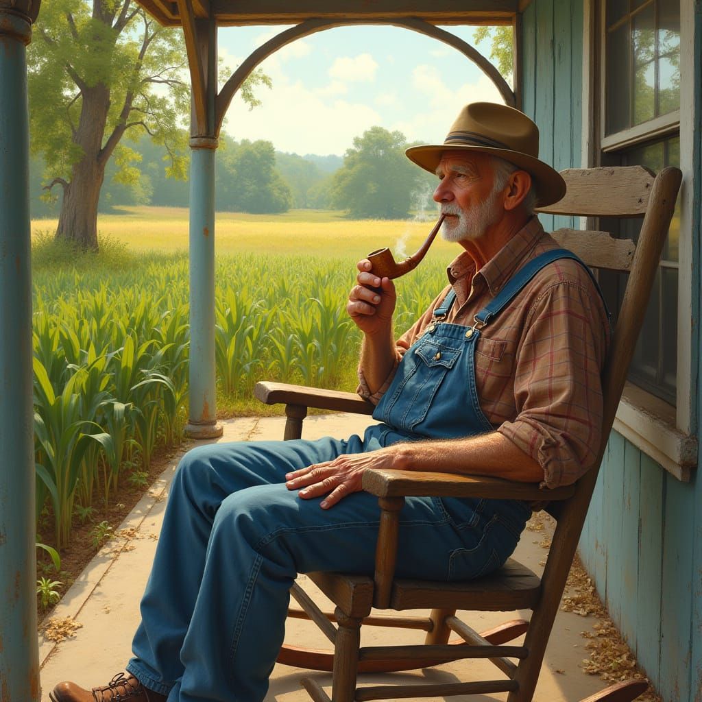 Farmer Relaxing on Sun-Drenched Porch in Pastoral Style