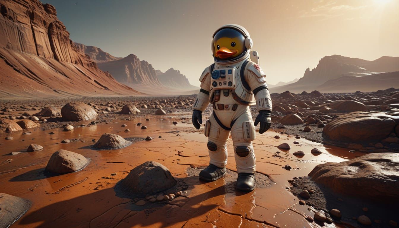 Rubber Duck dressed as an astronaut on the  surface of Mars, with the earth in the distance as an observable background