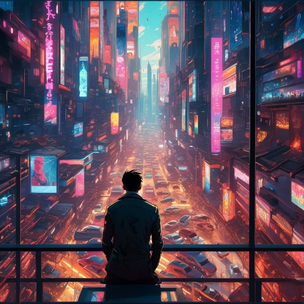 Cyborg in Dystopian Cityscape with Glitchcore Elements