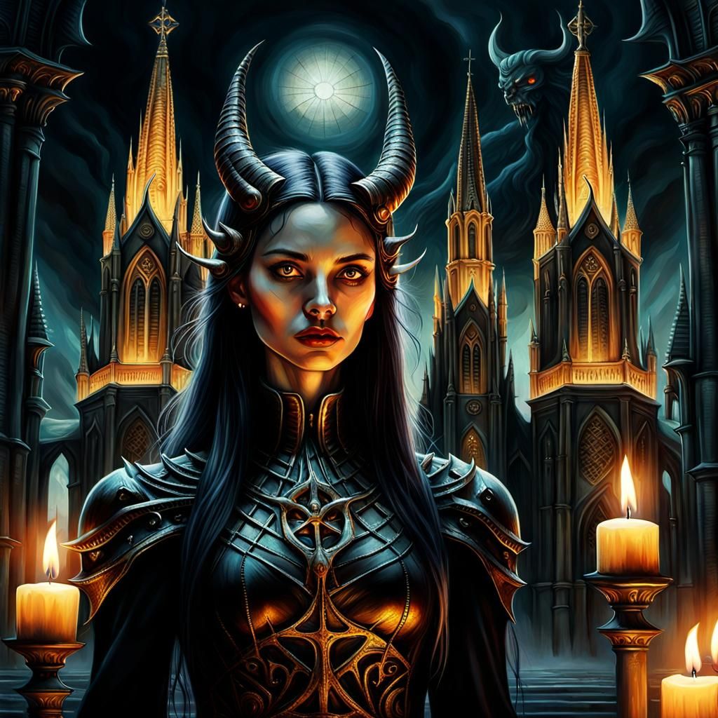 Dark Fantasy Portrait of Girl Before Demonic Church