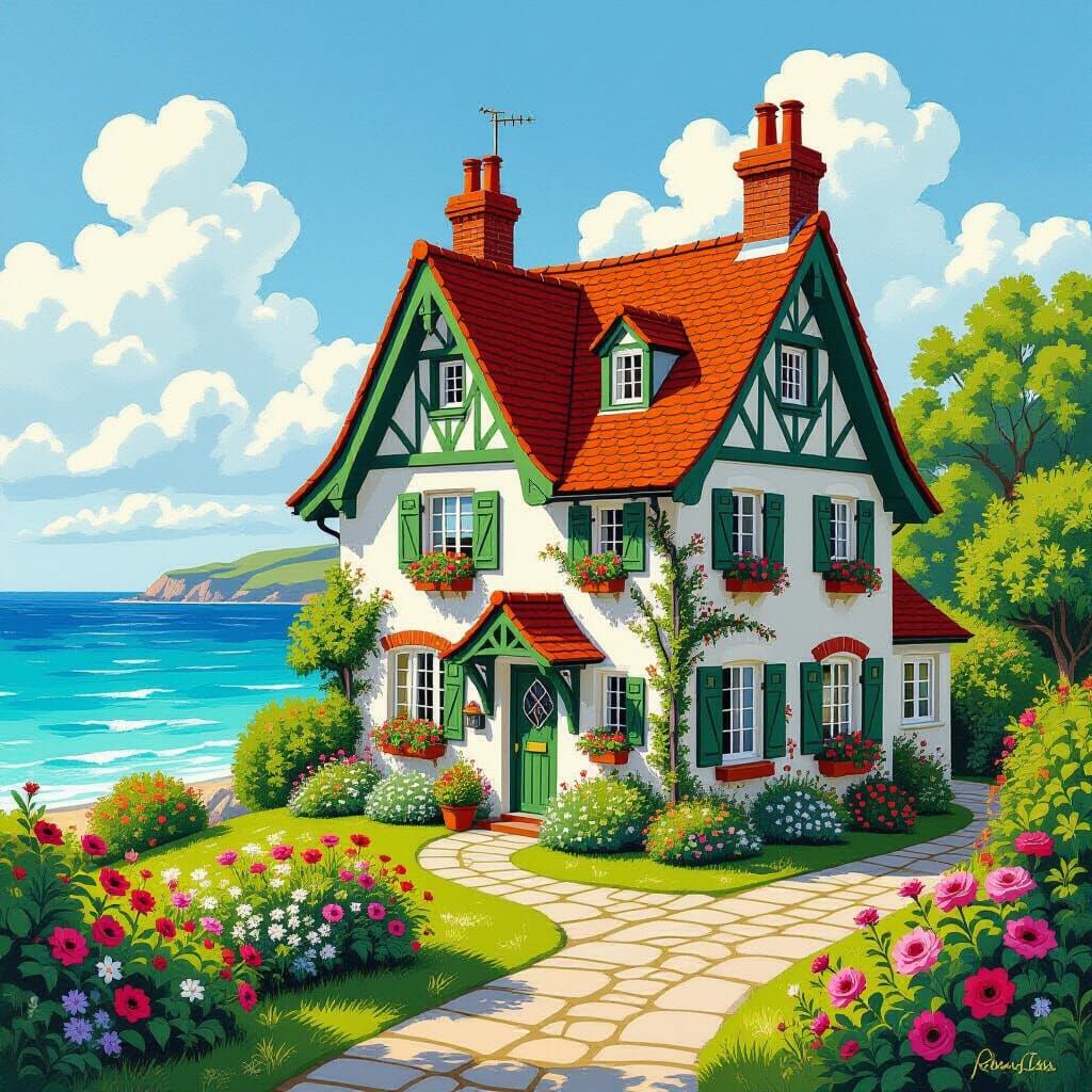 Quirky Seaside Cottage with Lush Greenery in Folk Art Style