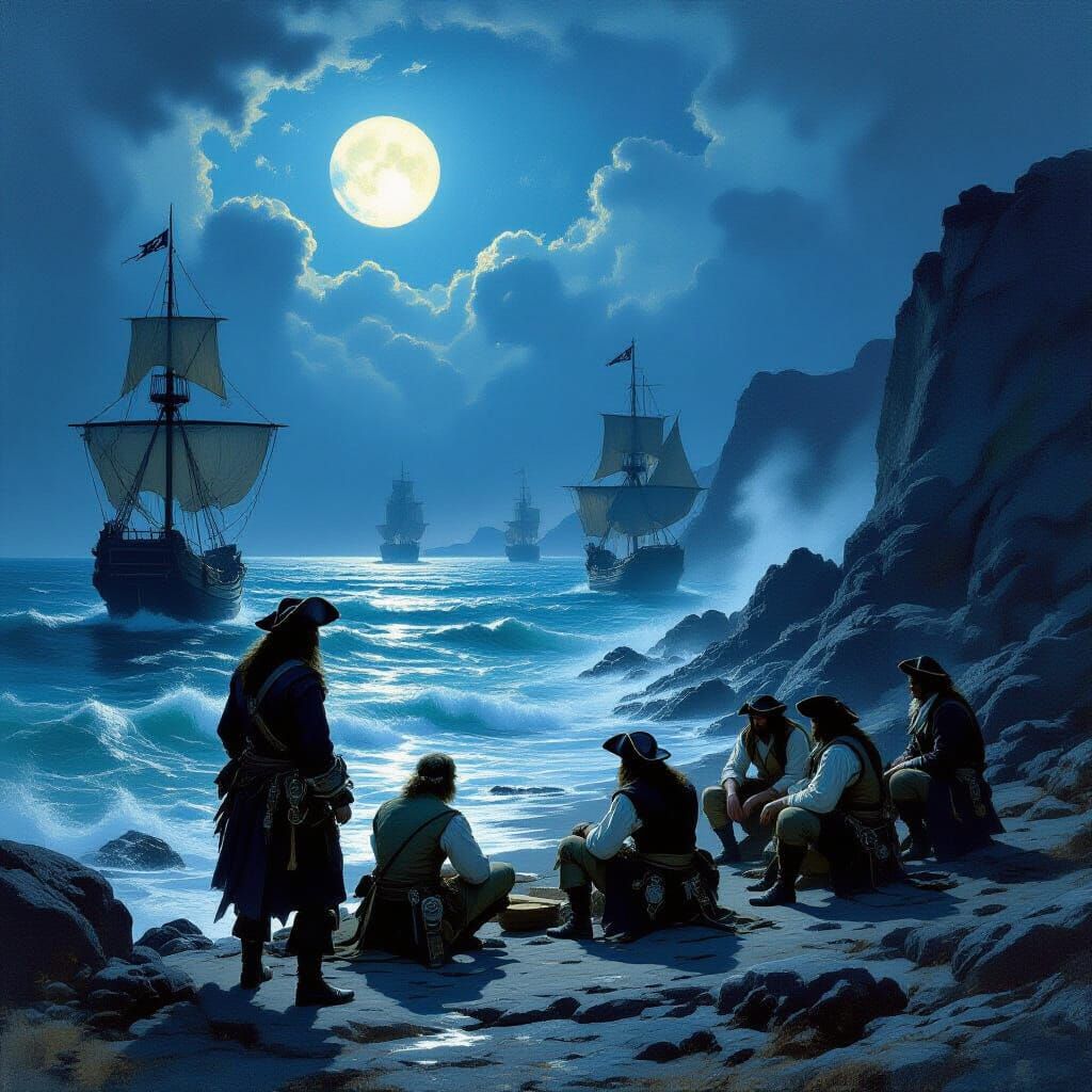 Pirate Smugglers on Cornish Coast in Romanticism Style