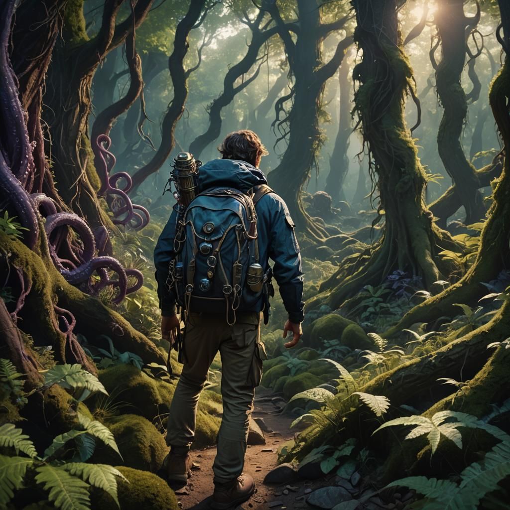 Adventurous Explorer in Mystic Forest: Matte Painting