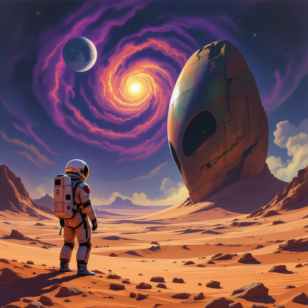 Astronaut on Alien Planet Gazing at Artifact in Nebula Sky