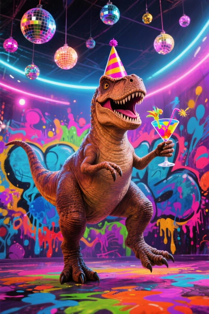 Dinosaur Dancing at 70s Disco Party with Cocktail