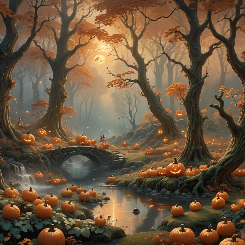 Pumpkin Fairies Dance in Ethereal Autumn Forest