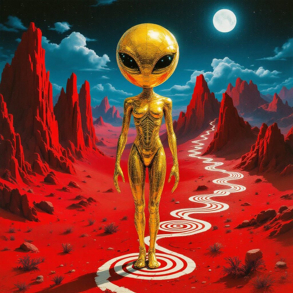 Golden Alien Figure in Surreal Red Mountain Landscape