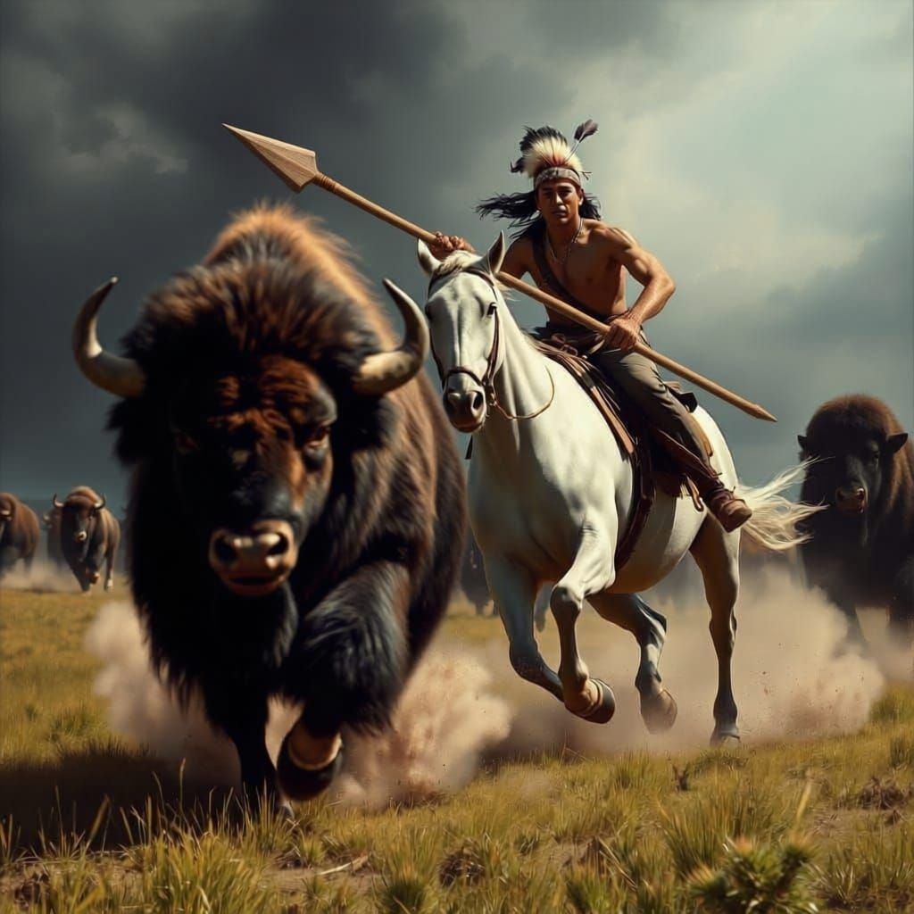 Native American Warrior Hunts Bison in Dramatic Oil Painting