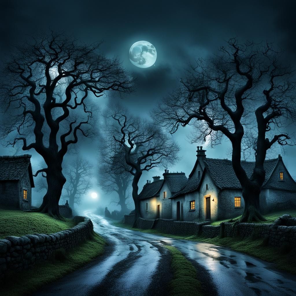 Eerie Village Under Moonlight in Fog