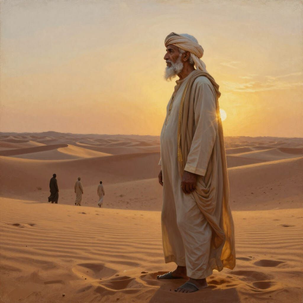 Elderly Man in Desert Contemplates Life at Twilight