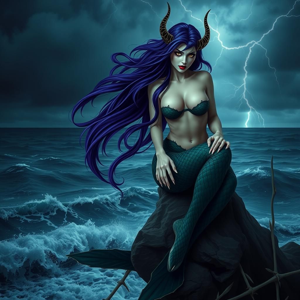 Gorgeous Evil Siren on a Stormy Seashore