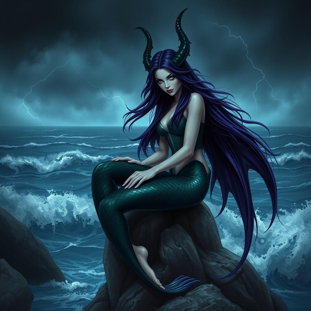 Evil Siren with Flowing Hair by Stormy Ocean