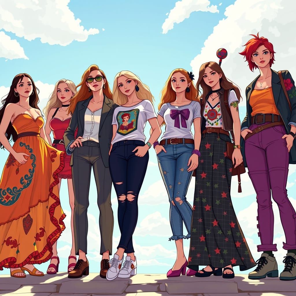 Women in Vibrant Attire Standing Together Under a Bright Sun...