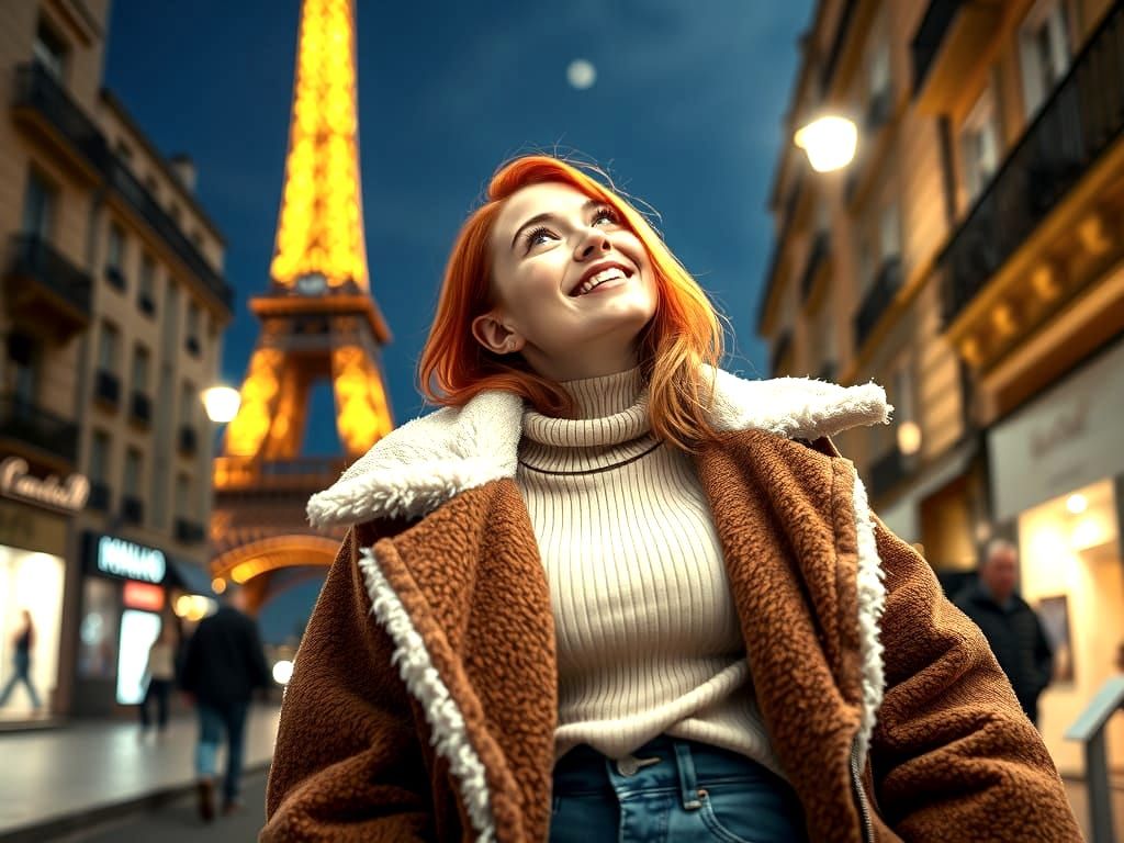 Elegant Woman Gazing Up at Eiffel Tower at Night