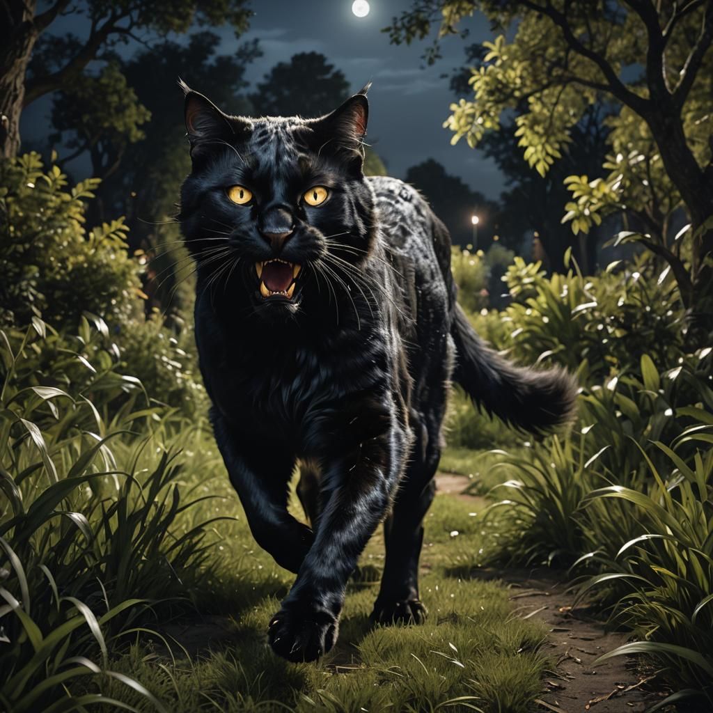 Feral Black Cat in Baroque Garden at Night