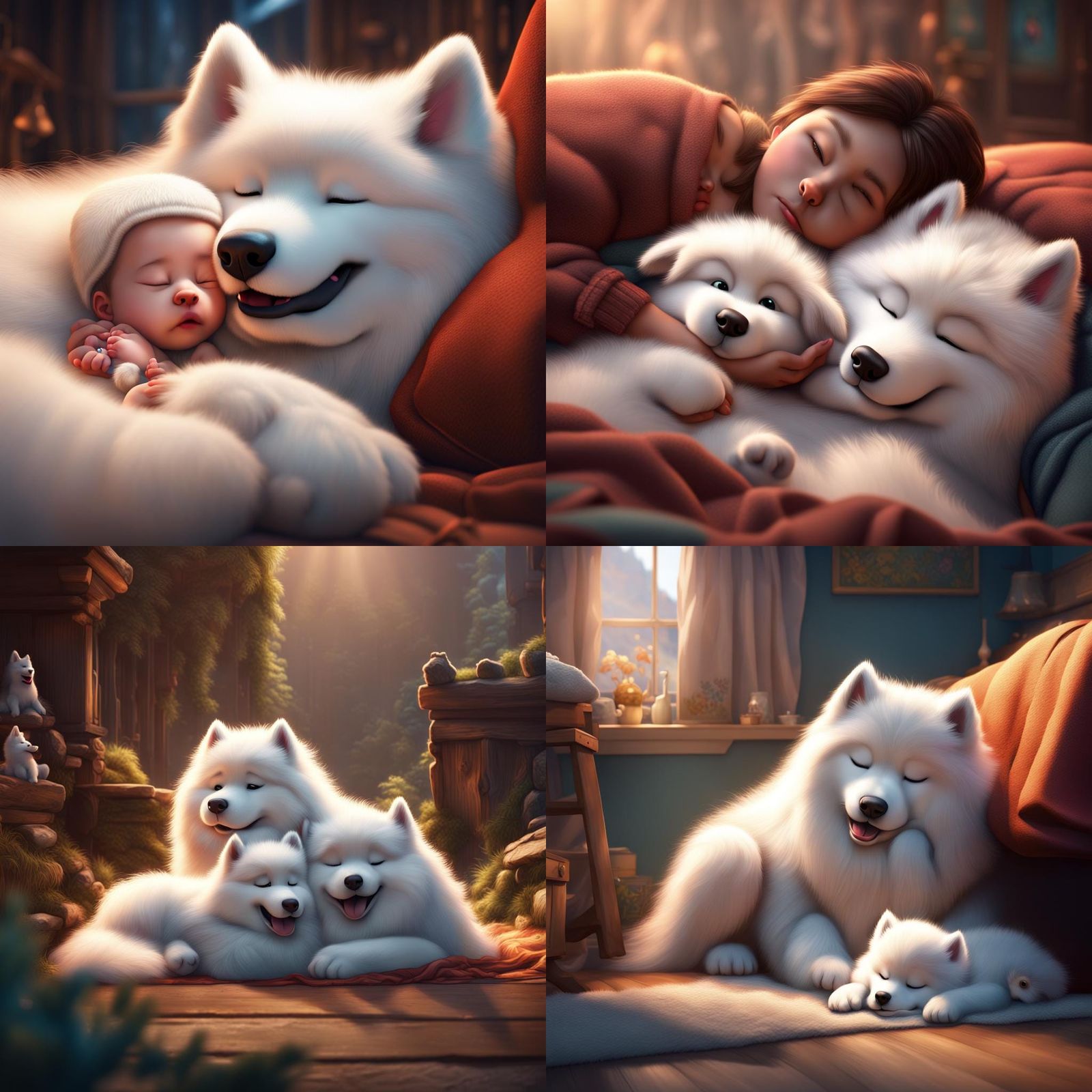 Pixar Style Samoyed and Baby Cuddling