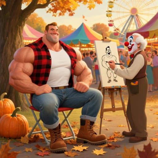 Hyper-Realistic Caricature of Bodybuilder at Autumn Fair