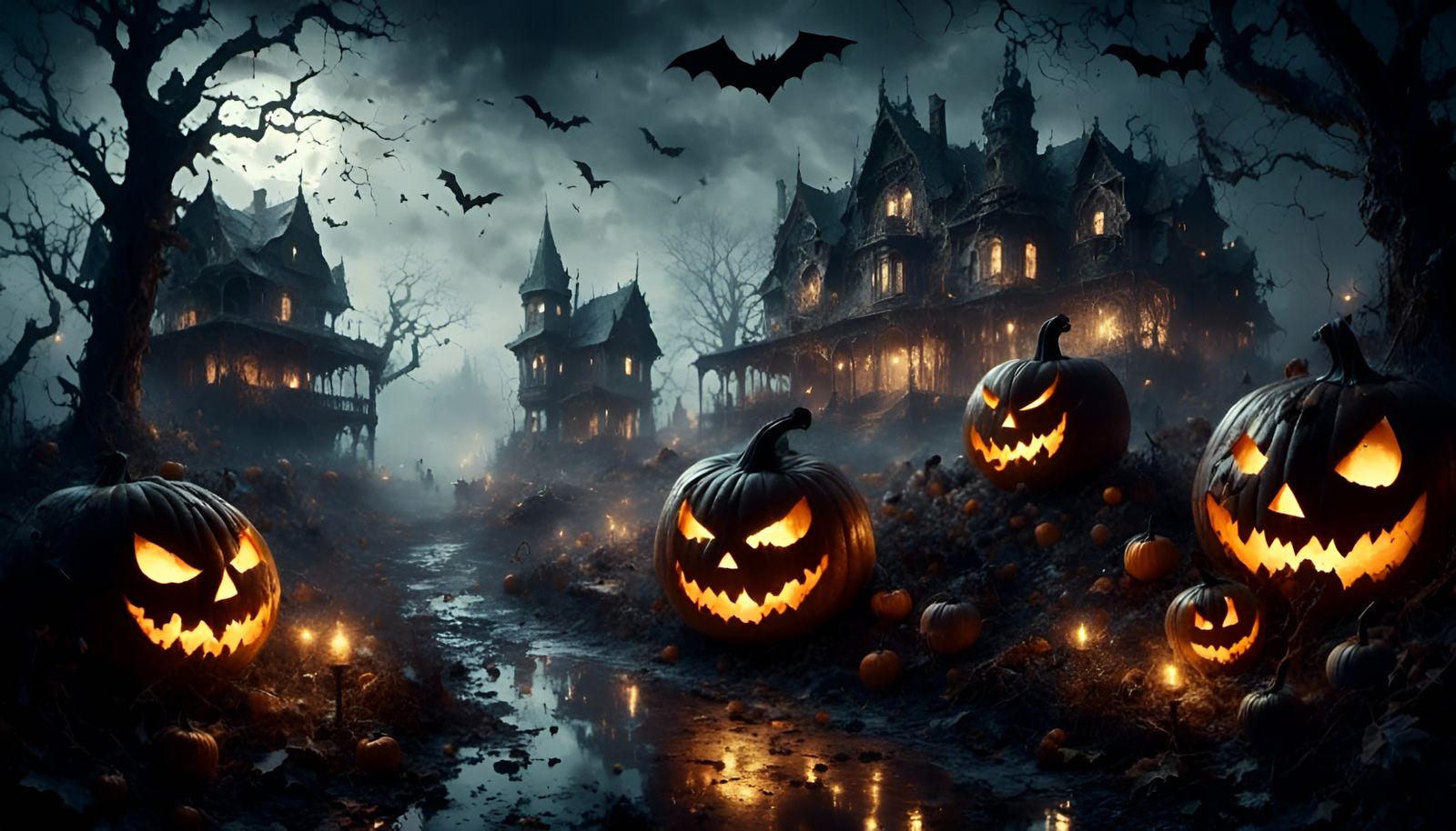 Spooky Halloween Scenery with Ghosts and Zombies