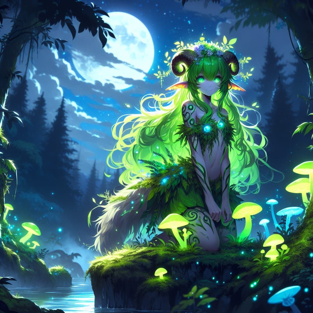 Anime Satyr Girl in Bioluminescent Rainforest