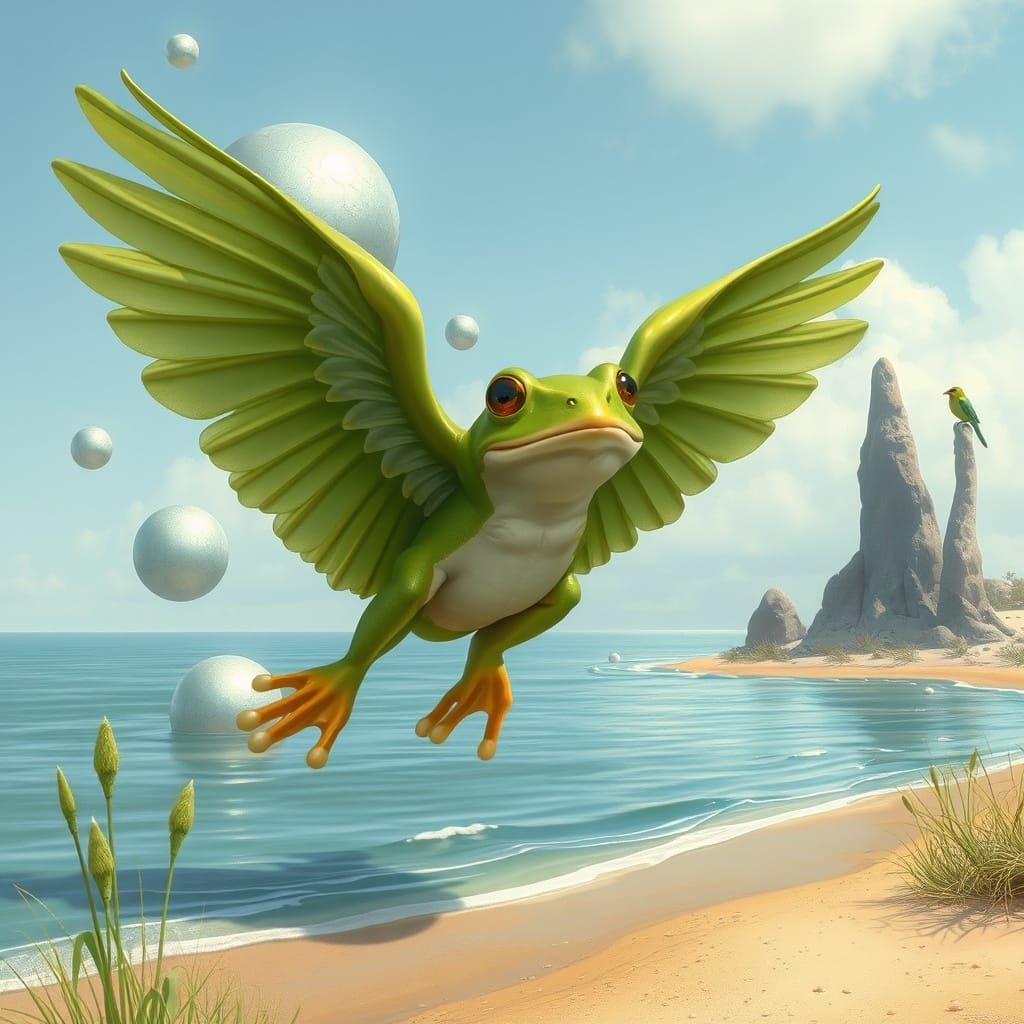 Flying Frog with Silver Orbs, Whimsical Digital Art