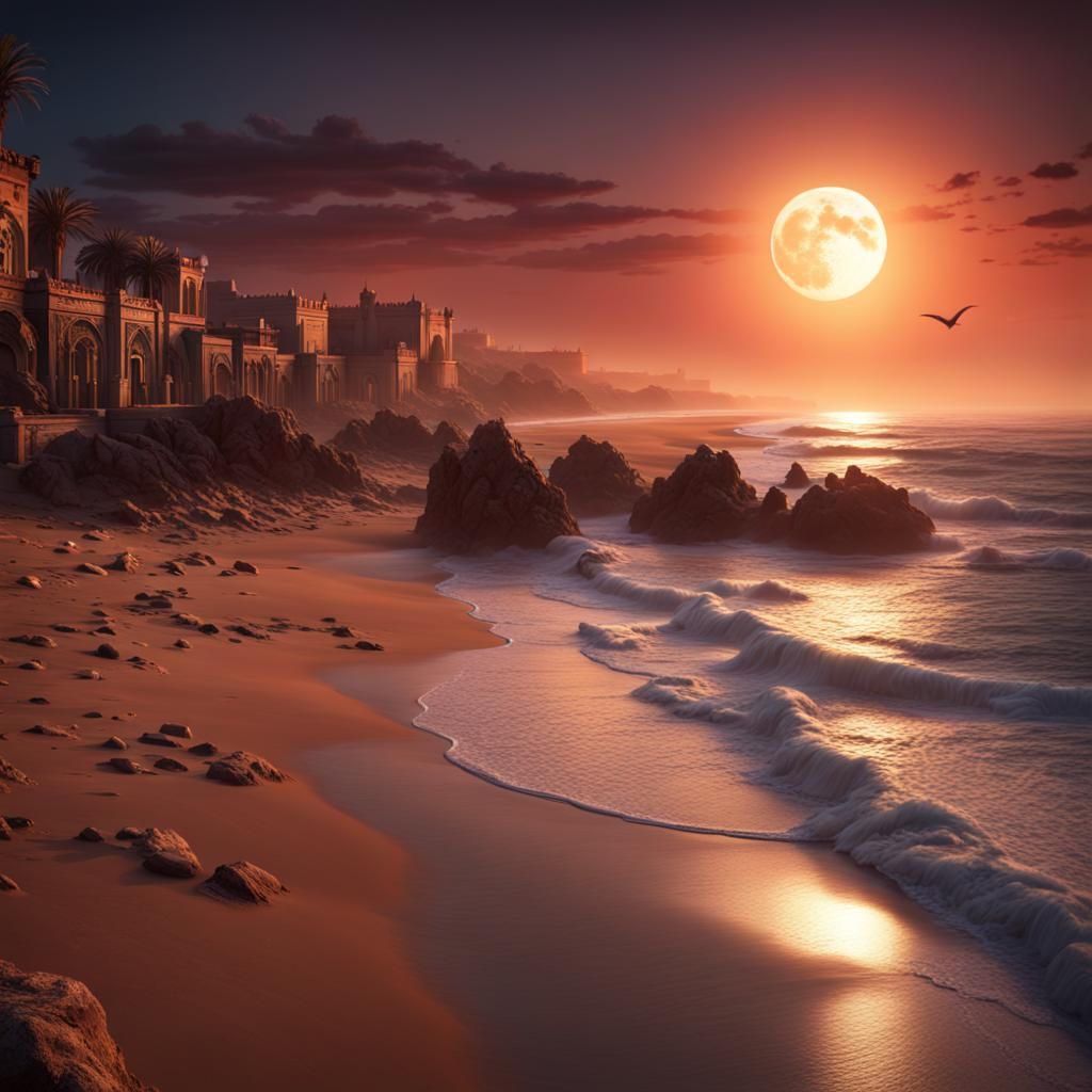 Moroccan Sunrise and Setting Moon: Fantasy Concept Art