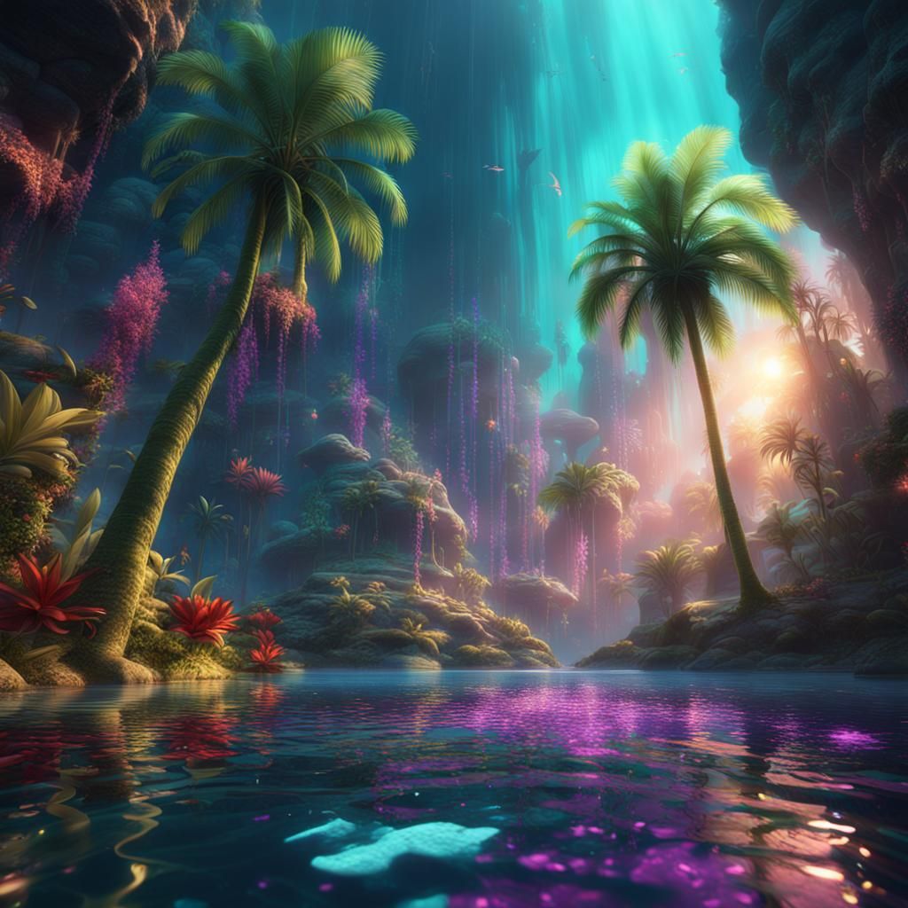 Iridescent Dive: Tropical Lagoon in Detailed Digital Paintin...