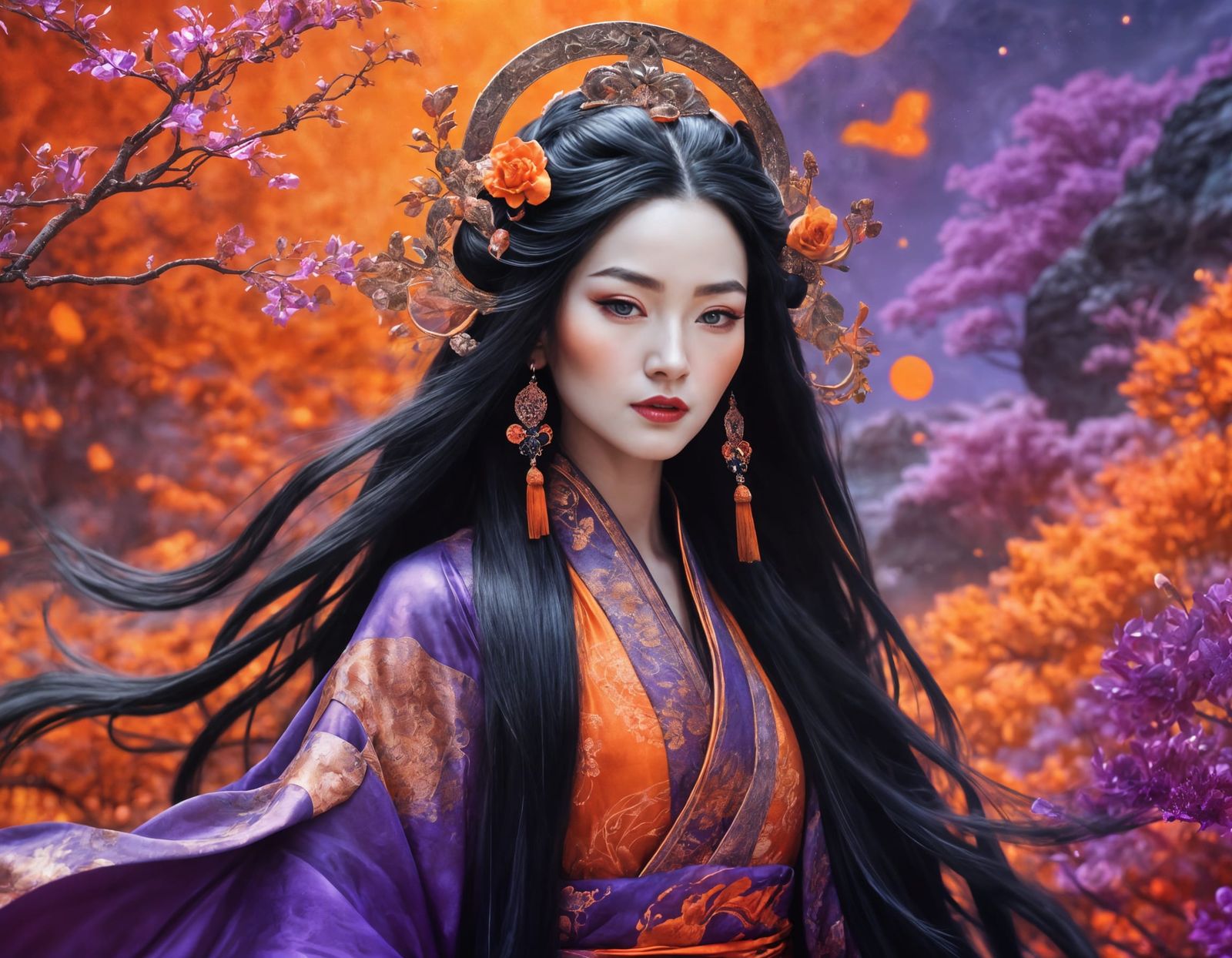 Exotic Concubine in Radiant Glitter Robe with Glowing Blooms