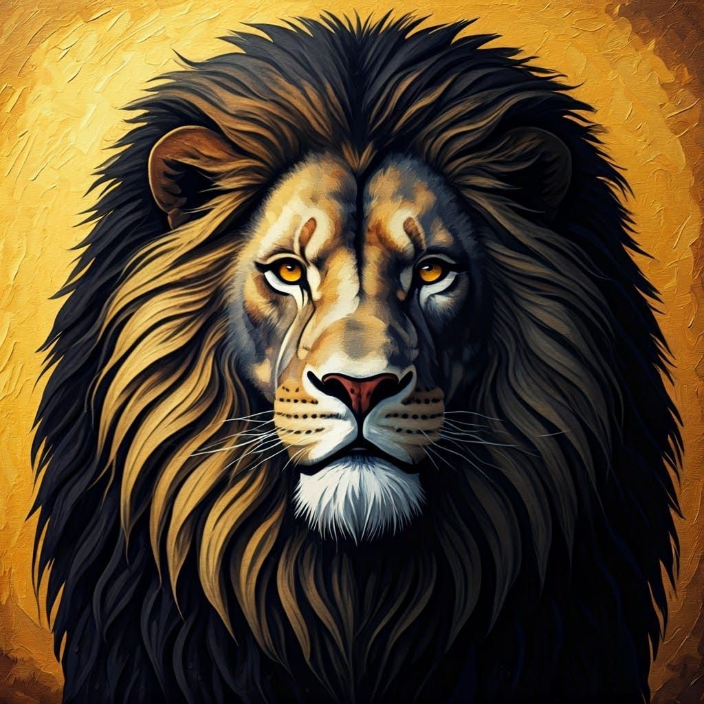 Majestic Black Lion in Naive Folk Art Style