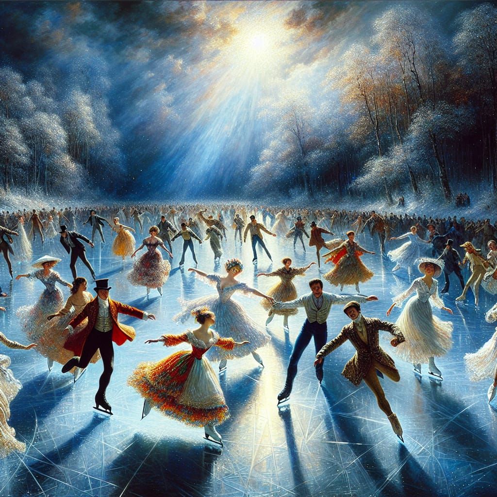 Enchanting 19th-Century Oil Painting of Diverse Ice Skaters