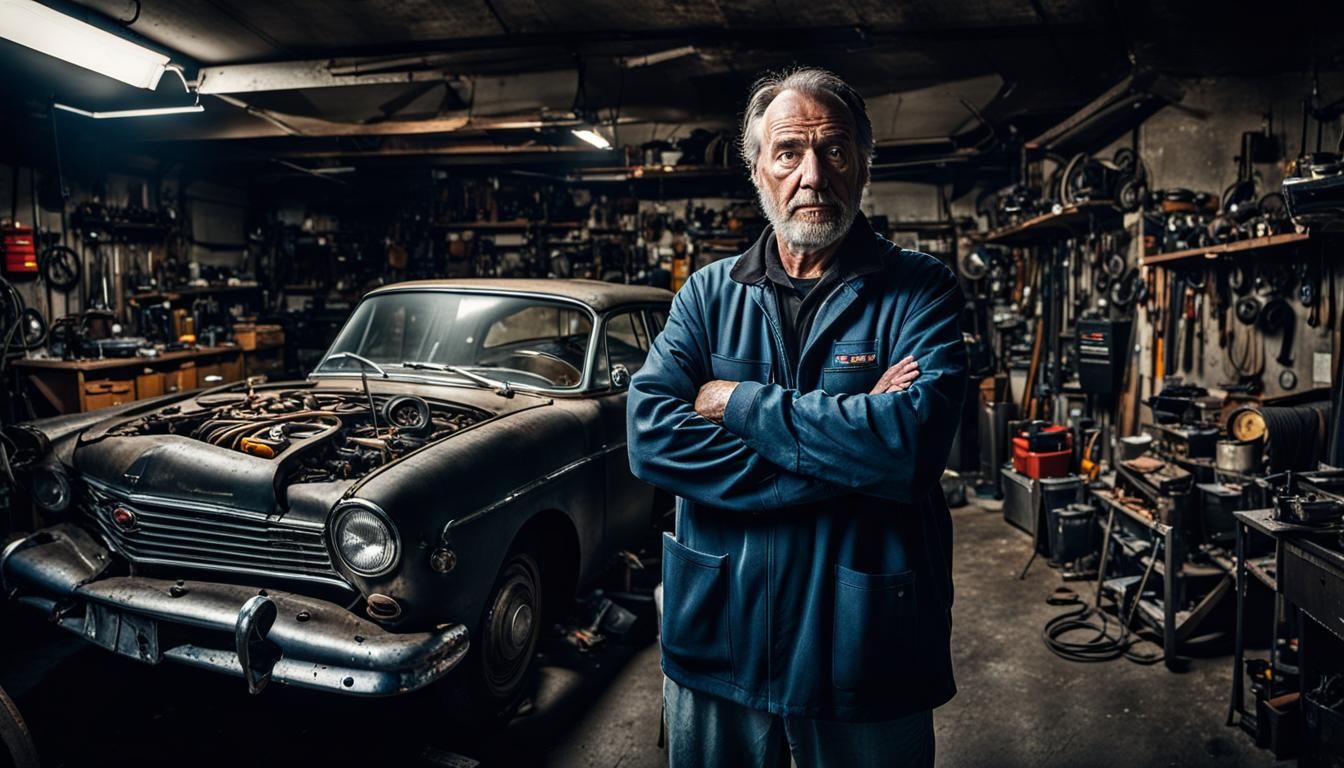 Auto Mechanic in Dim Garage Photo